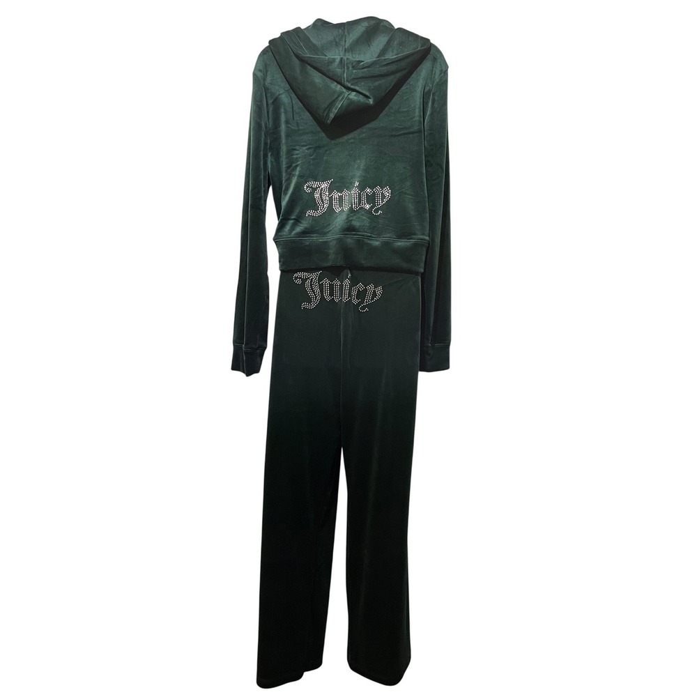 Juicy Couture Pine Green Velour Tracksuit Y2K McBling Hoodie & Pants Set Large‎ - Picture 3 of 7